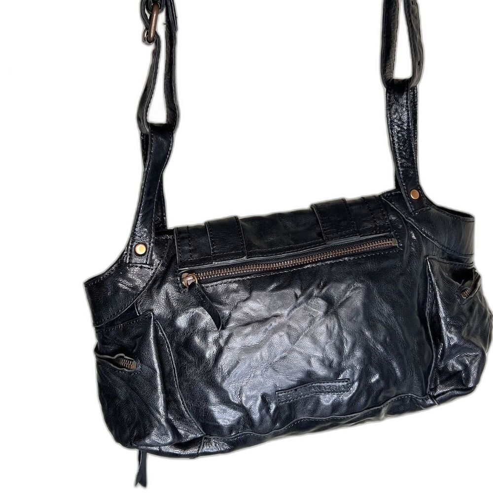 Vintage Y2K BCBG Max Azria Black Leather Shoulder Bag Multi Pocket Moto Boho Alt - Picture 5 of 7
